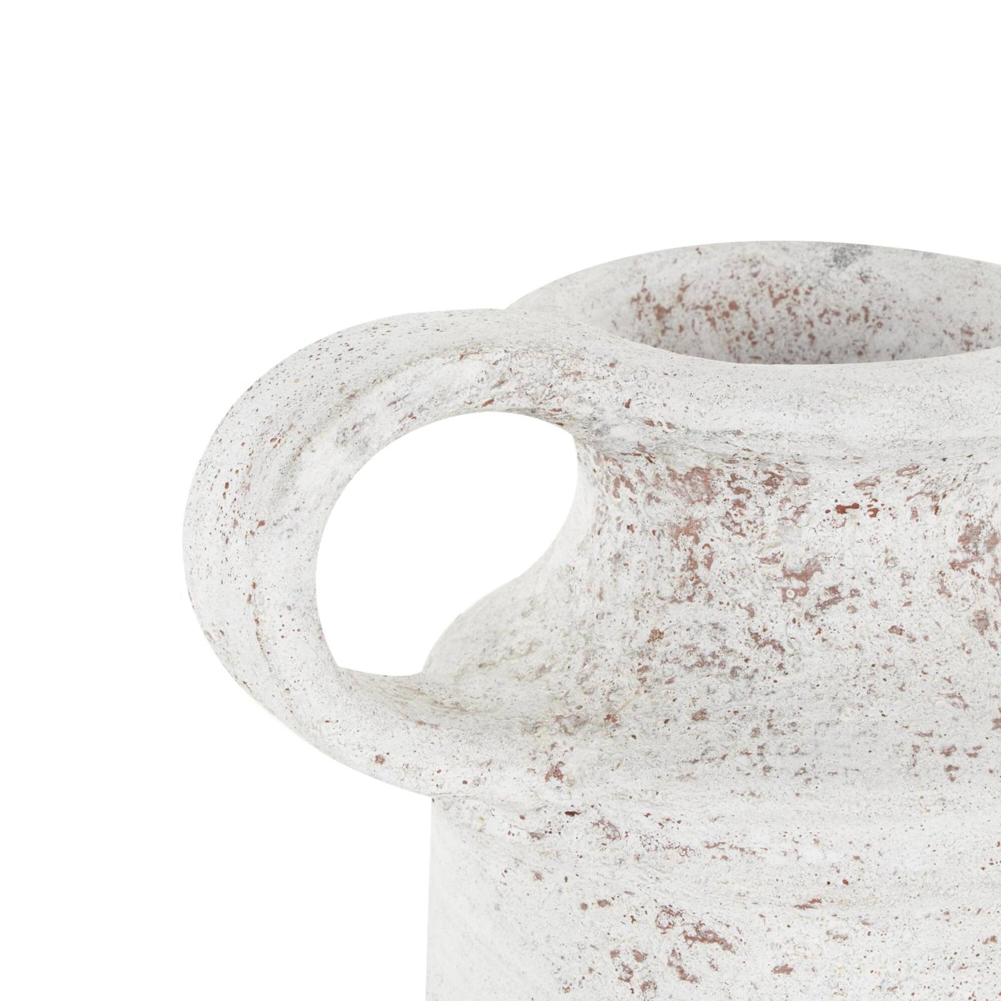 10" White Ceramic Antique Style Textured Vase with Terracotta Accents and Ring Handle